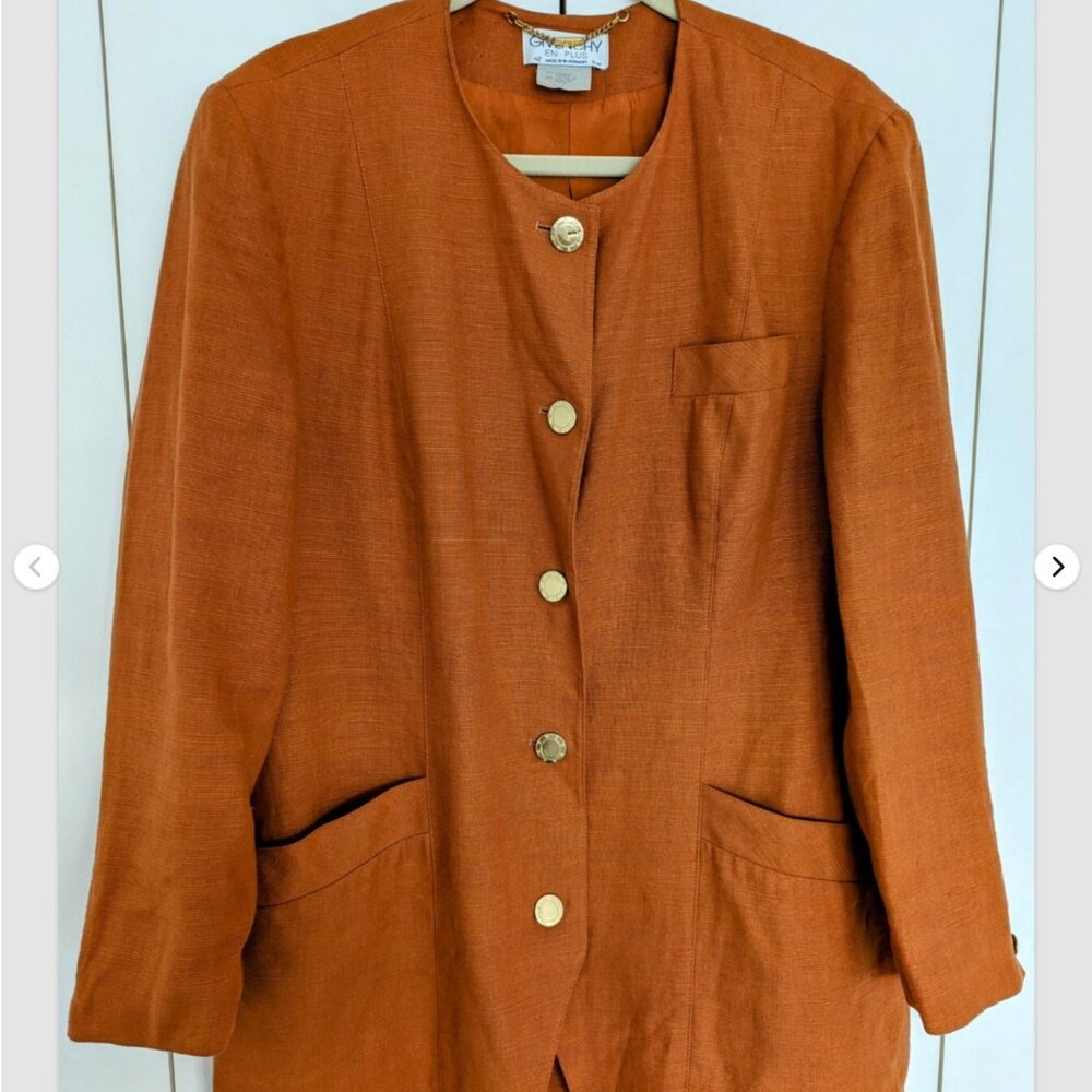 Vintage Givenchy En Plus Burnt Orange Linen Pant Suit w/ Gold Buttons Size 14W
